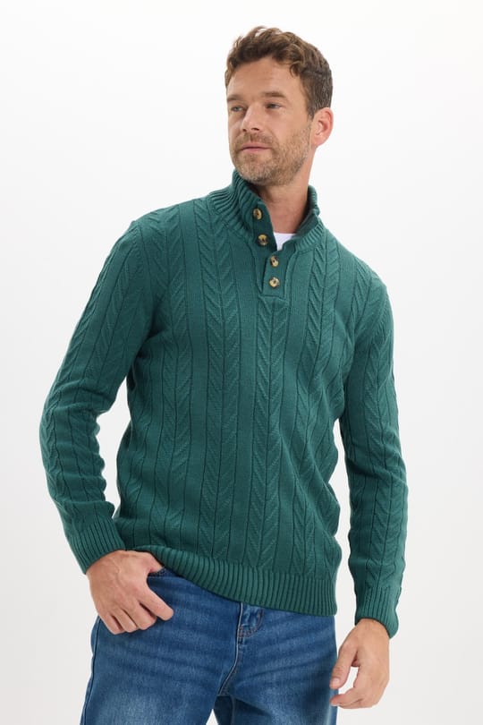 Erkek Slim Fit Dar Kesim Yumuşak Dokulu Desenli Dik Yaka Düğmeli Triko Yeşil Kazak