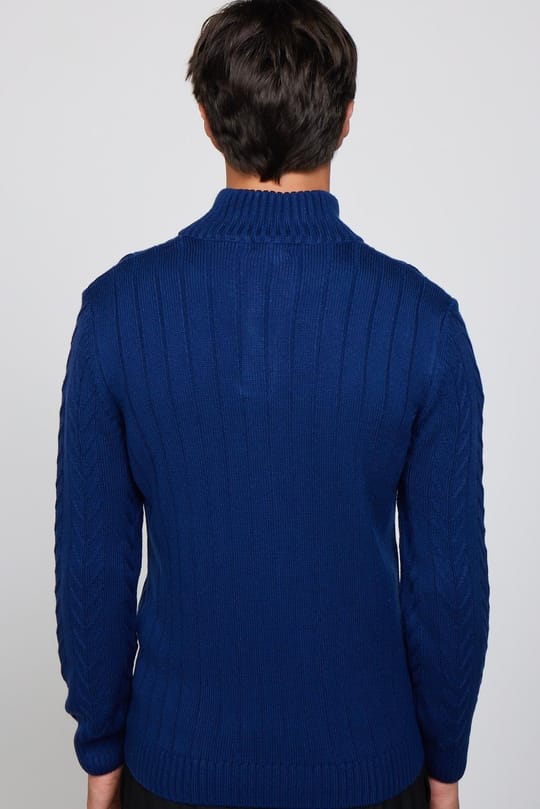 Erkek Slim Fit Dar Kesim Yumuşak Dokulu Desenli Dik Yaka Düğmeli Triko Saks Mavi Kazak