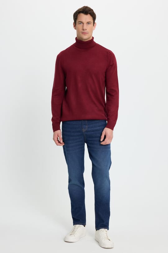 Erkek Slim Fit Dar Kesim Yumuşak Dokulu Tüylenmeyen Bordo Tam Balıkçı Yaka Triko Kazak