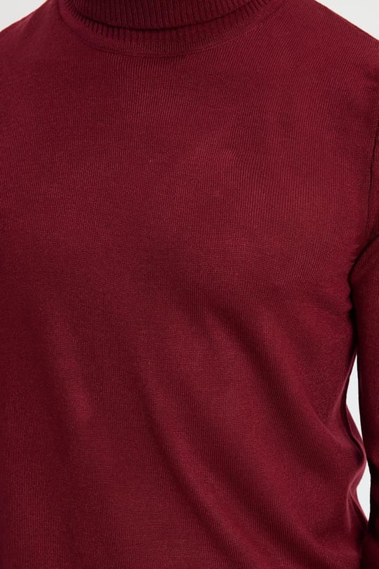 Erkek Slim Fit Dar Kesim Yumuşak Dokulu Tüylenmeyen Bordo Tam Balıkçı Yaka Triko Kazak