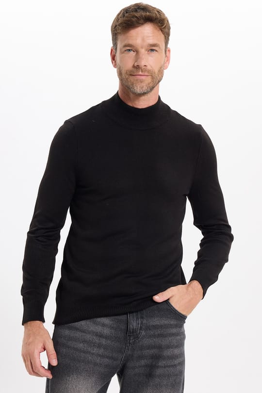 Erkek Slim Fit Dar Kesim Yumuşak Dokulu Tüylenmeyen Siyah Yarım Balıkçı Yaka Triko Kazak