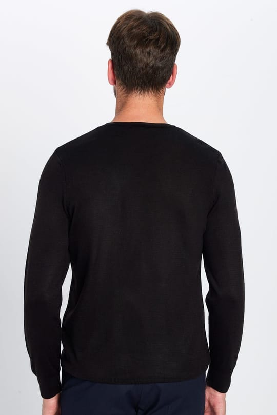 Erkek Slim Fit Dar Kesim Yumuşak Dokulu Tüylenmeyen Siyah Bisiklet Yaka Triko Kazak