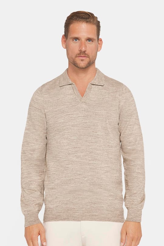 Erkek Slim Fit Dar Kesim Polo V Yaka Bej Triko Kazak
