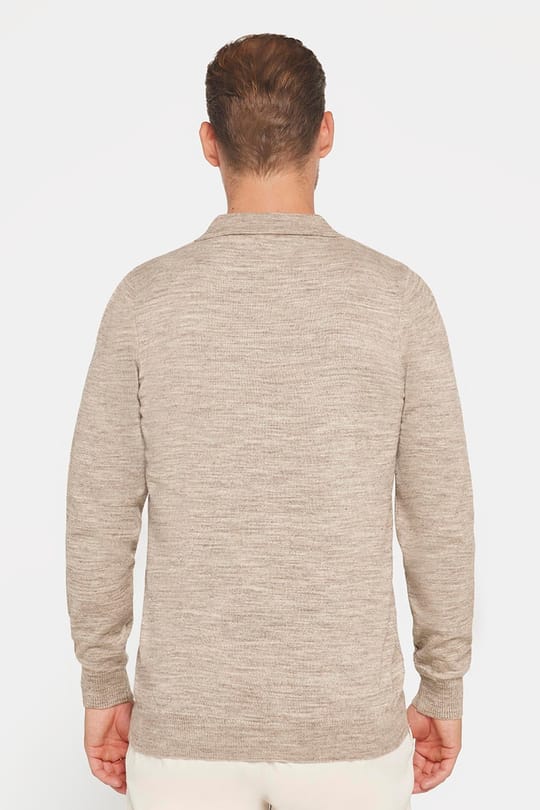 Erkek Slim Fit Dar Kesim Polo V Yaka Bej Triko Kazak
