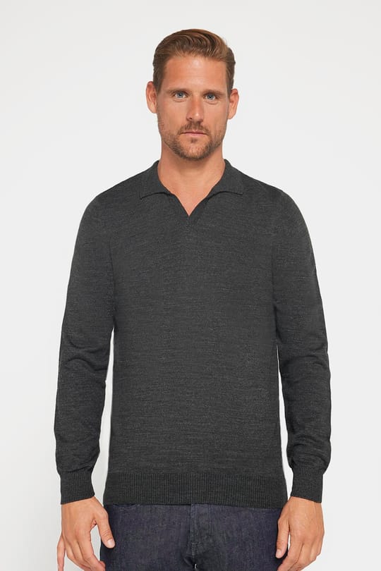 Erkek Slim Fit Dar Kesim Polo V Yaka Antrasit Triko Kazak