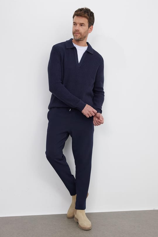 Erkek Slim Fit Dar Kesim Polo Yaka Lacivert Kazak