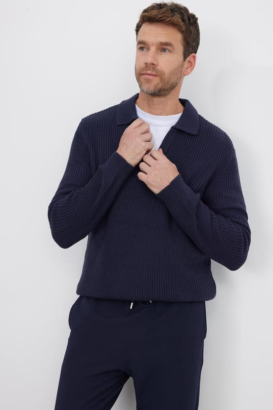 Erkek Slim Fit Dar Kesim Polo Yaka Lacivert Kazak
