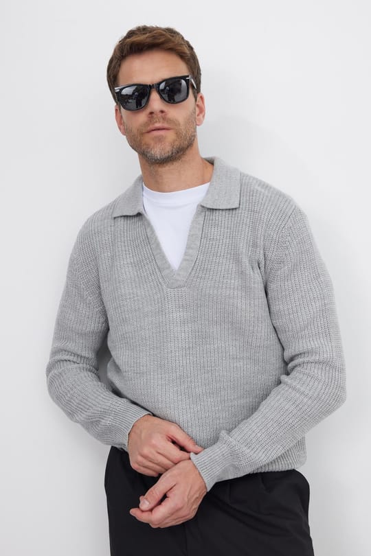 Erkek Slim Fit Dar Kesim Polo Yaka Gri Kazak