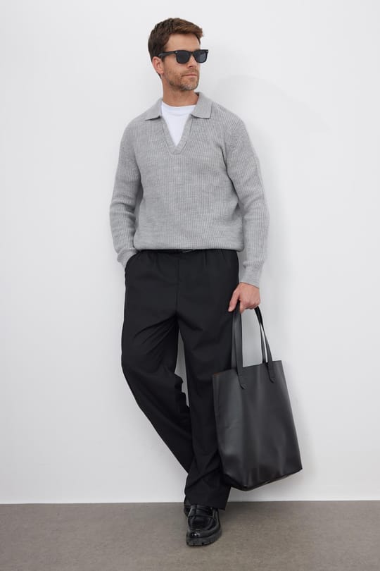 Erkek Slim Fit Dar Kesim Polo Yaka Gri Kazak