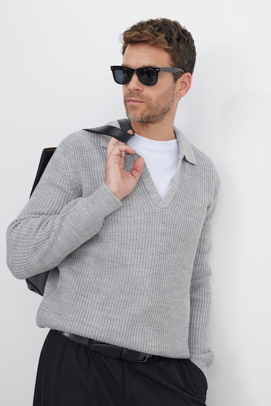 Erkek Slim Fit Dar Kesim Polo Yaka Gri Kazak