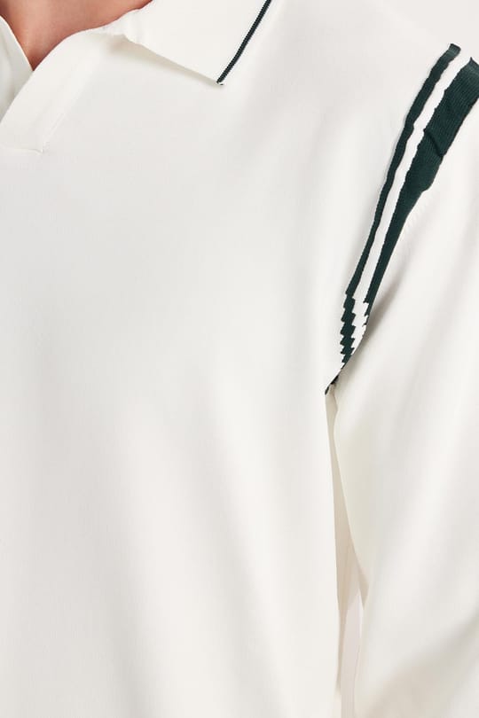 Erkek Slim Fit Dar Kesim Uzun Kol Polo Yaka Çizgili Beyaz Kazak