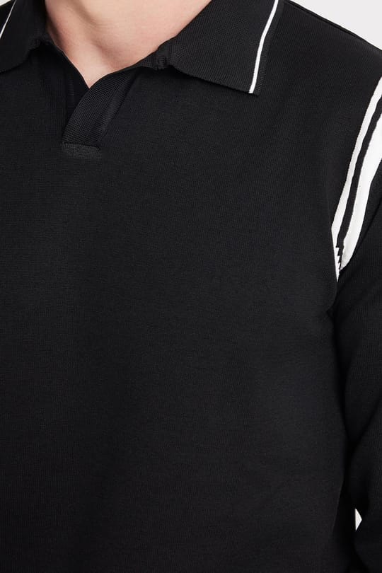 Erkek Slim Fit Dar Kesim Uzun Kol Polo Yaka Çizgili Siyah Kazak