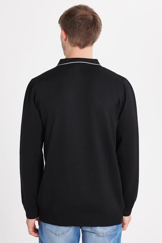 Erkek Slim Fit Dar Kesim Uzun Kol Polo Yaka Çizgili Siyah Kazak
