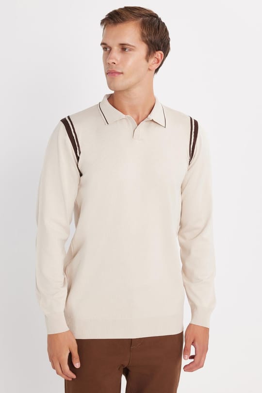 Erkek Slim Fit Dar Kesim Uzun Kol Polo Yaka Çizgili Taş Kazak