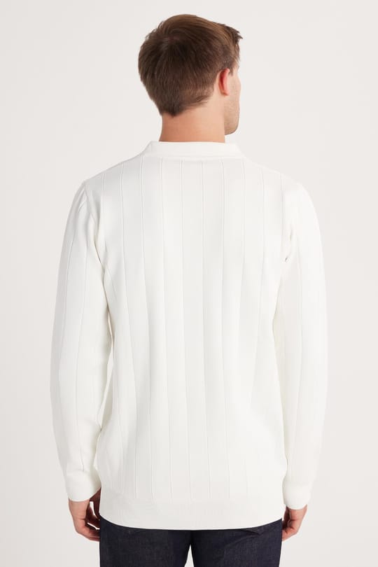 Erkek Slim Fit Dar Kesim Uzun Kol Polo Yaka Çizgili Beyaz Kazak