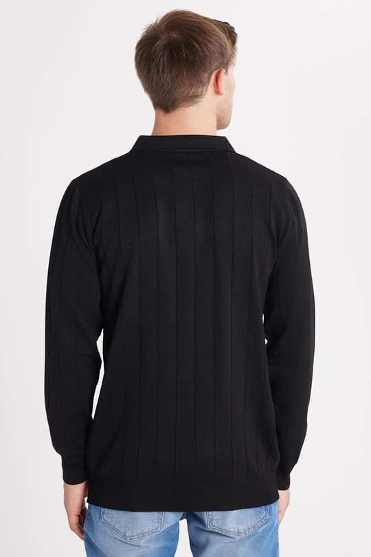 Erkek Slim Fit Dar Kesim Uzun Kol Polo Yaka Çizgili Siyah Kazak