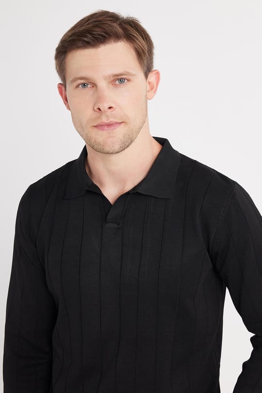 Erkek Slim Fit Dar Kesim Uzun Kol Polo Yaka Çizgili Siyah Kazak