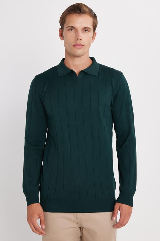 Erkek Slim Fit Dar Kesim Uzun Kol Polo Yaka Çizgili Yeşil Kazak