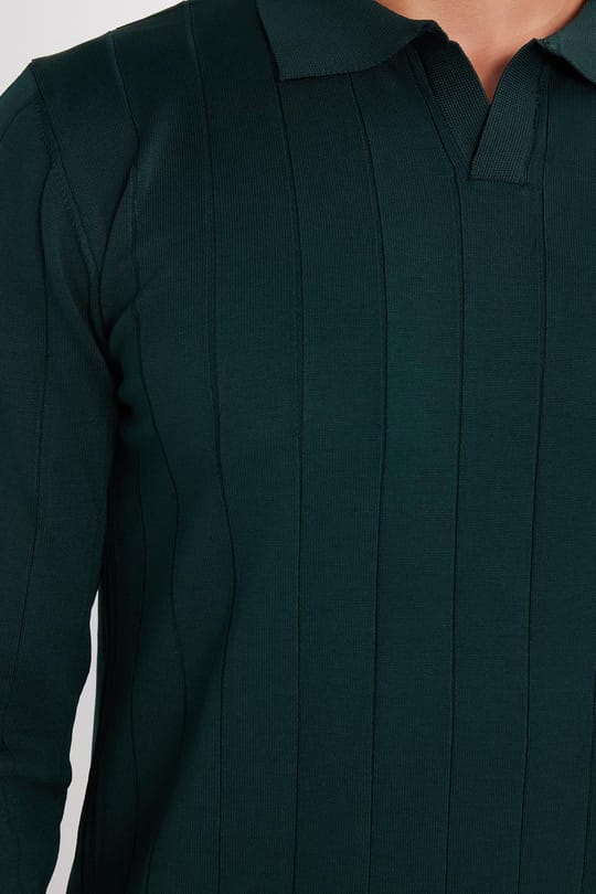 Erkek Slim Fit Dar Kesim Uzun Kol Polo Yaka Çizgili Yeşil Kazak