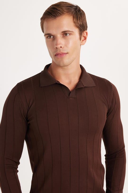 Erkek Slim Fit Dar Kesim Uzun Kol Polo Yaka Çizgili Kahverengi Kazak