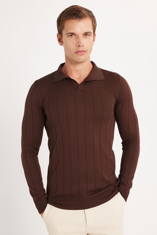 Erkek Slim Fit Dar Kesim Uzun Kol Polo Yaka Çizgili Kahverengi Kazak