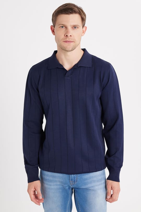 Erkek Slim Fit Dar Kesim Uzun Kol Polo Yaka Çizgili Lacivert Kazak