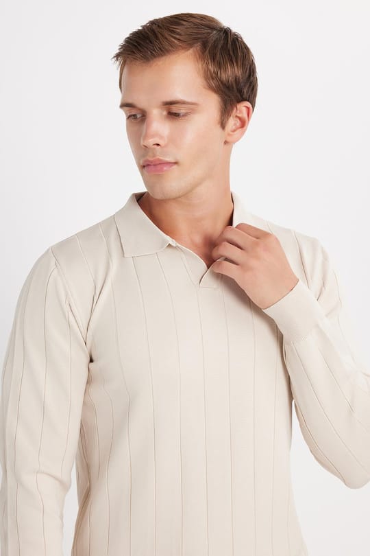 Erkek Slim Fit Dar Kesim Uzun Kol Polo Yaka Çizgili Taş Kazak