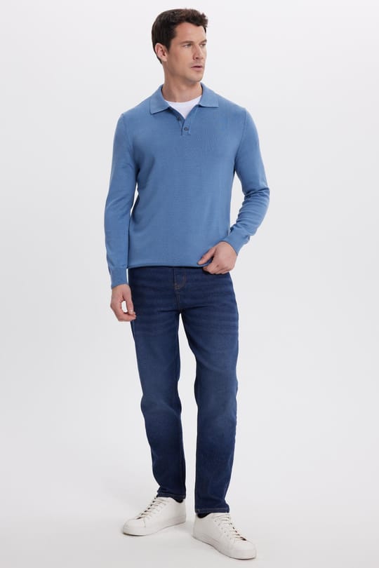 Erkek Standart Fit Normal Kesim Pamuklu Polo Yaka İndigo Kazak