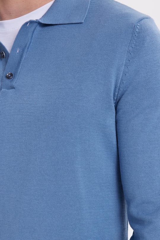 Erkek Standart Fit Normal Kesim Pamuklu Polo Yaka İndigo Kazak