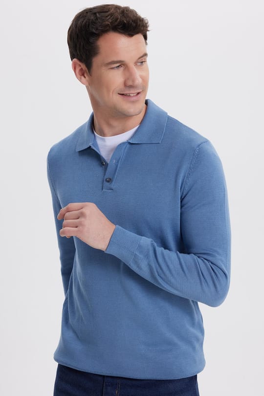 Erkek Standart Fit Normal Kesim Pamuklu Polo Yaka İndigo Kazak