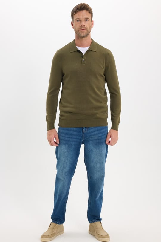 Erkek Standart Fit Normal Kesim Pamuklu Polo Yaka Haki Kazak