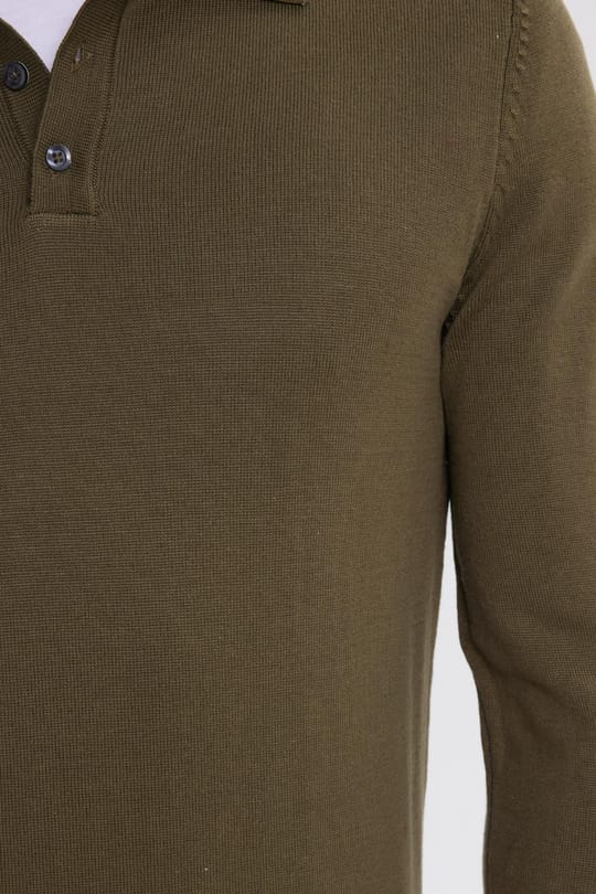 Erkek Standart Fit Normal Kesim Pamuklu Polo Yaka Haki Kazak