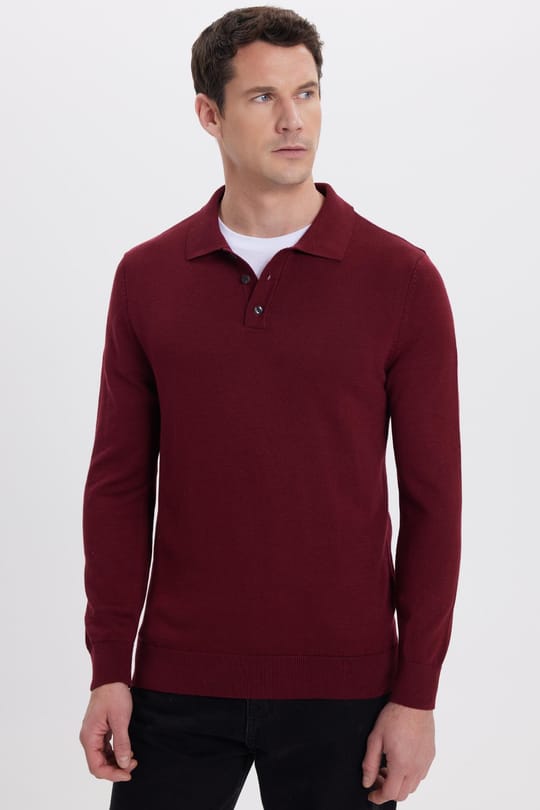 Erkek Standart Fit Normal Kesim Pamuklu Polo Yaka Bordo Kazak