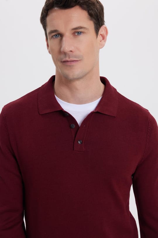 Erkek Standart Fit Normal Kesim Pamuklu Polo Yaka Bordo Kazak