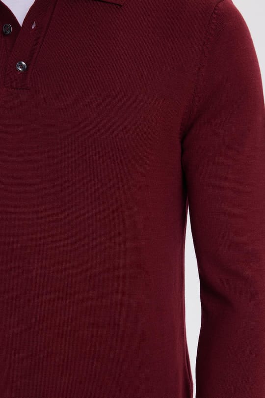 Erkek Standart Fit Normal Kesim Pamuklu Polo Yaka Bordo Kazak