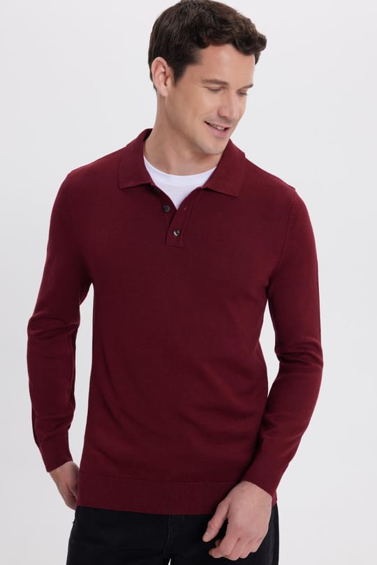 Erkek Standart Fit Normal Kesim Pamuklu Polo Yaka Bordo Kazak
