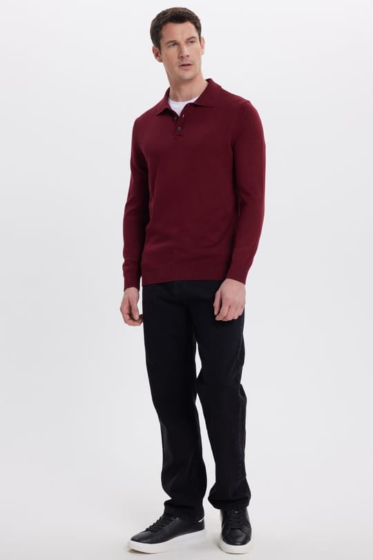 Erkek Standart Fit Normal Kesim Pamuklu Polo Yaka Bordo Kazak