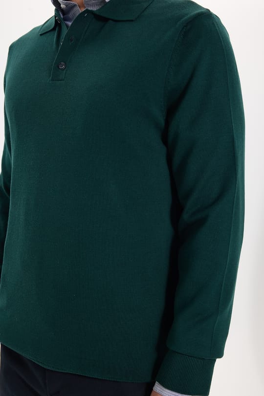 Erkek Standart Fit Normal Kesim Pamuklu Polo Yaka Yeşil Kazak