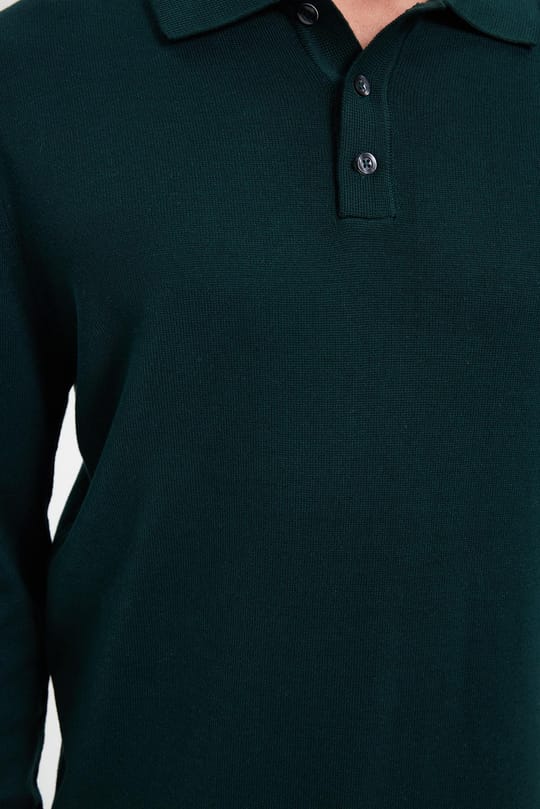 Erkek Standart Fit Normal Kesim Pamuklu Polo Yaka Yeşil Kazak