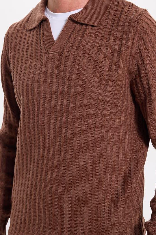 Erkek Standart Fit Normal Kesim Polo Yaka Kahverengi Kazak