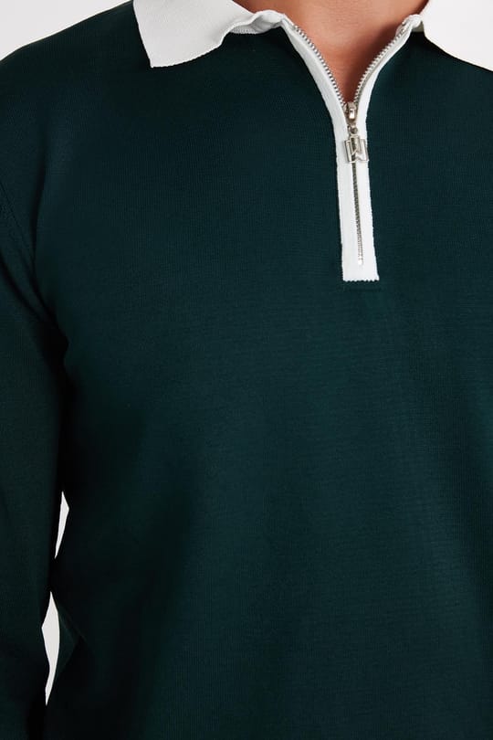 Erkek Standart Fit Uzun Kol Yarım Fermuarlı Polo Yaka Yeşil Kazak
