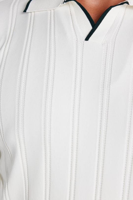 Erkek Slim Fit Dar Kesim Çizgi Detaylı Beyaz Polo Yaka Kazak
