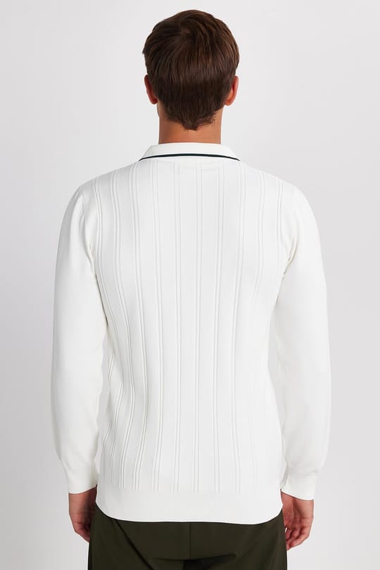Erkek Slim Fit Dar Kesim Çizgi Detaylı Beyaz Polo Yaka Kazak