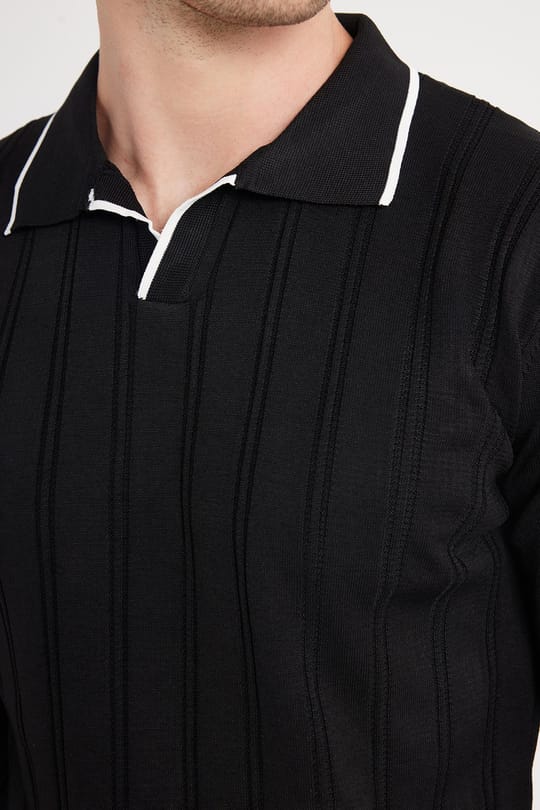 Erkek Slim Fit Dar Kesim Çizgi Detaylı Siyah Polo Yaka Kazak