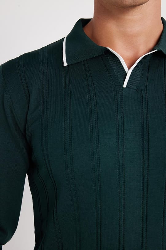 Erkek Slim Fit Dar Kesim Çizgi Detaylı Yeşil Polo Yaka Kazak