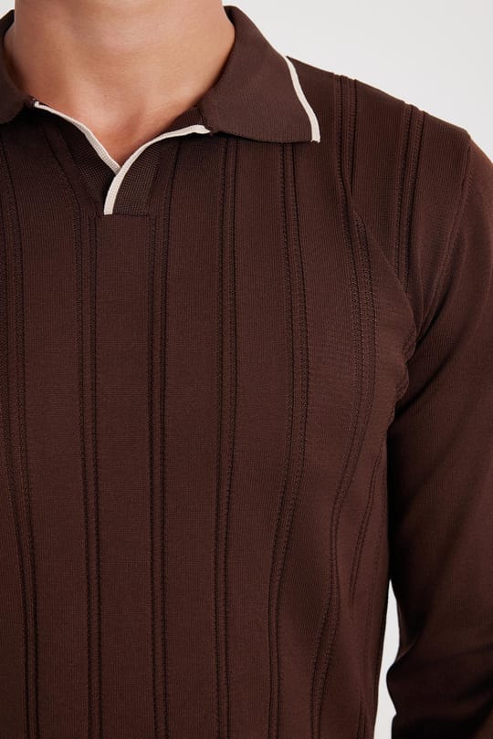 Erkek Slim Fit Dar Kesim Çizgi Detaylı Kahverengi Polo Yaka Kazak