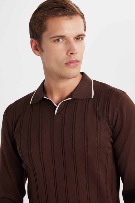 Erkek Slim Fit Dar Kesim Çizgi Detaylı Kahverengi Polo Yaka Kazak