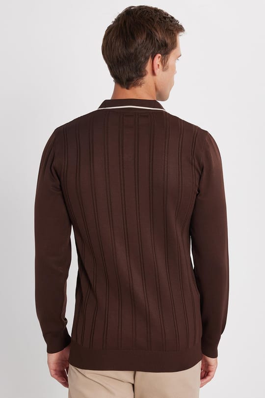 Erkek Slim Fit Dar Kesim Çizgi Detaylı Kahverengi Polo Yaka Kazak