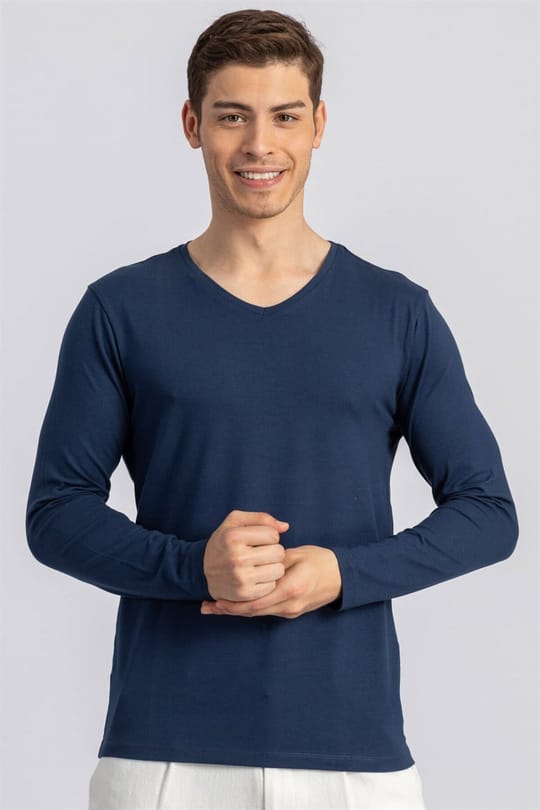 Erkek Slim Fit Dar Kesim Pamuklu Düz Basic Uzun Kol İndigo V Yaka Penye