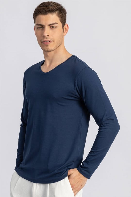 Erkek Slim Fit Dar Kesim Pamuklu Düz Basic Uzun Kol İndigo V Yaka Penye